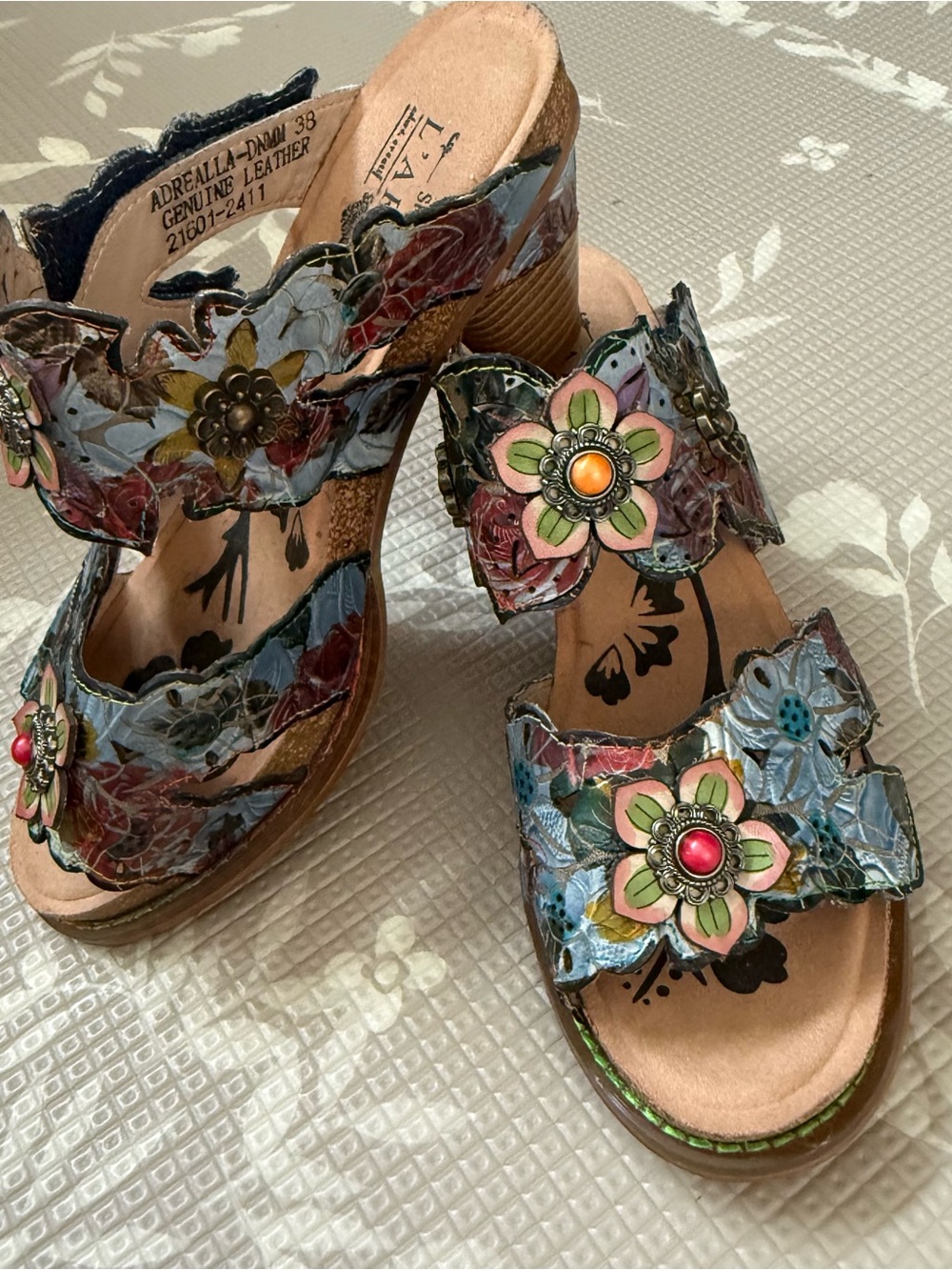 L’ Artiste Spring Step Multicolor Floral Leather Slide Heel Sandals
